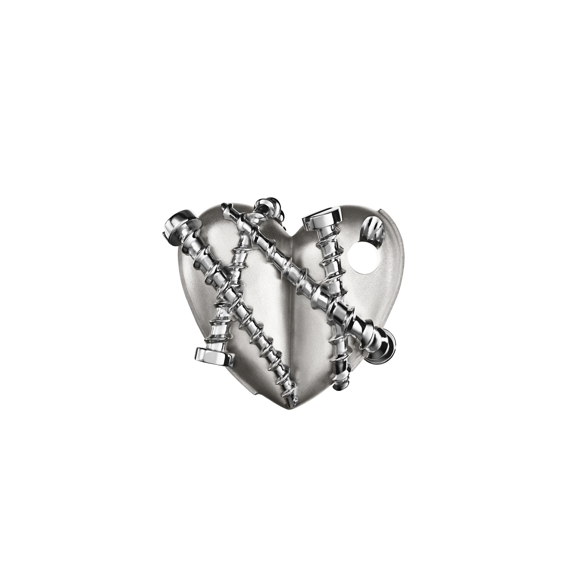 A detail of Bullet Hole Heart Pendant with Screws in White Gold